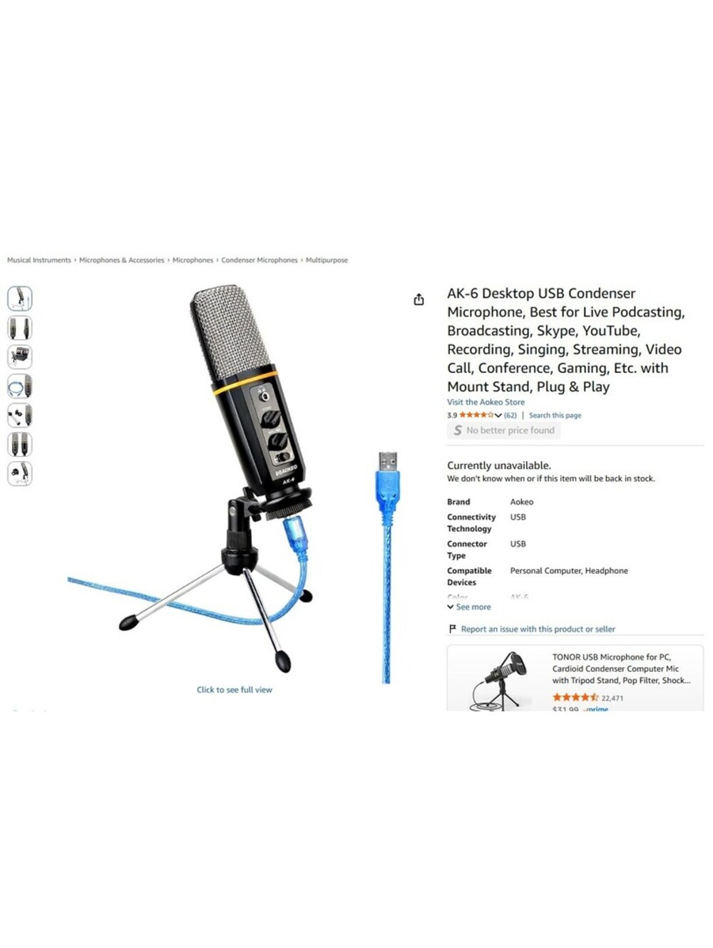 Aokeo AK-6 USB Condenser Microphone Podcasting Recording Gaming with Mount Stand
